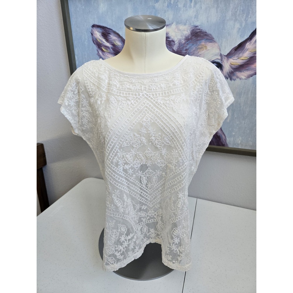 Lauren Ralph Lauren Women's Medium Sheer Cream Lace Short Sleeve Blouse‎